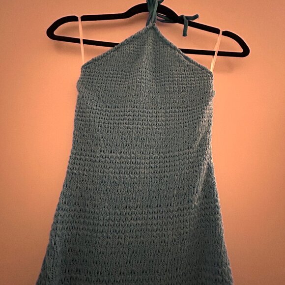 Blue Halter Dress Asymmetrical Fringe, XS - Picture 6 of 8